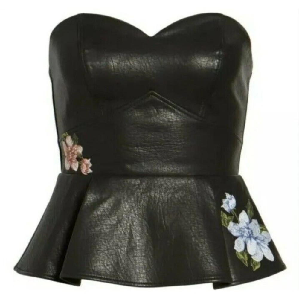 J.O.A. Black Faux Leather Peplum Bustier Flower Embroidery Romantic Boho Size XS